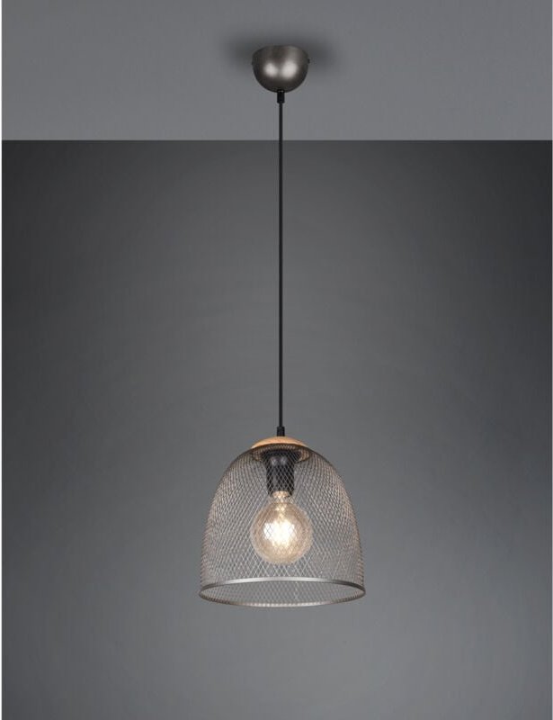 Hängelampe Pendellampe Esstischleuchte silber 1 flammig Höhenverstellbar Gitterschirm, Metall Holz, 1x E27 Fassung, DxH ...