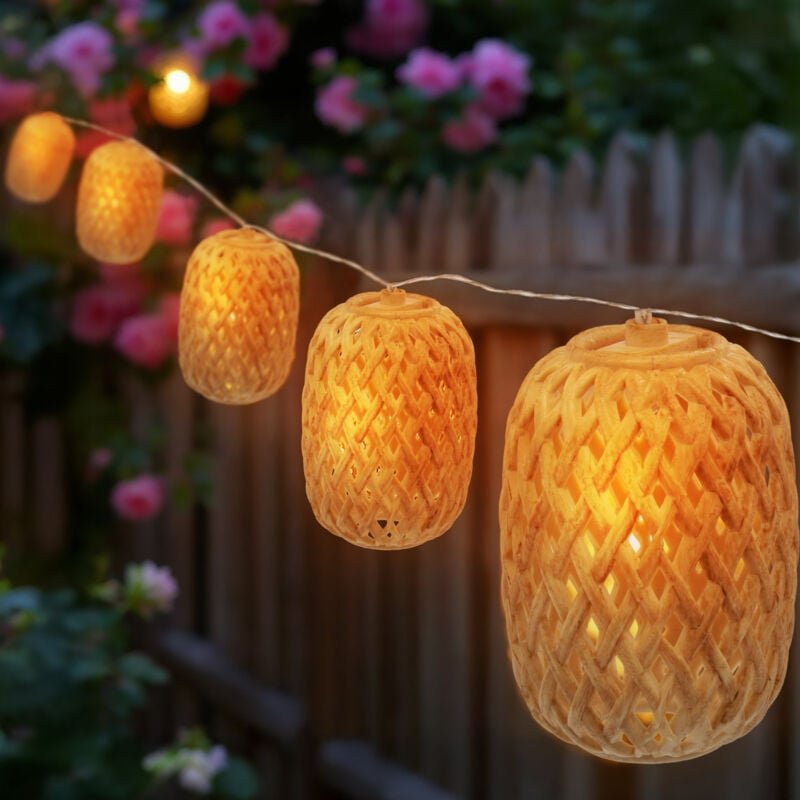 Solar Lichterkette mit 10 ovalen Lampions in Rattan Optik - 450 cm - led Garten Deko Beleuchtung warm weiß
