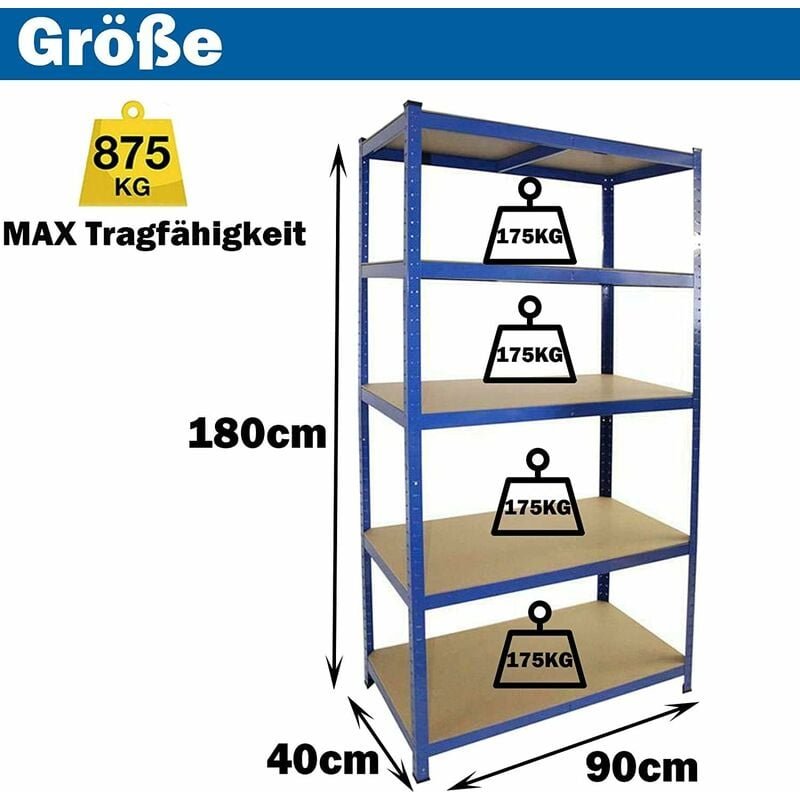 Blau Neu 180x90x40cm Lagerregal Kellerregal Werkstattregal Schwerlastregal Einstellbar Regal bis 875 kg Metall-Regal Reg...