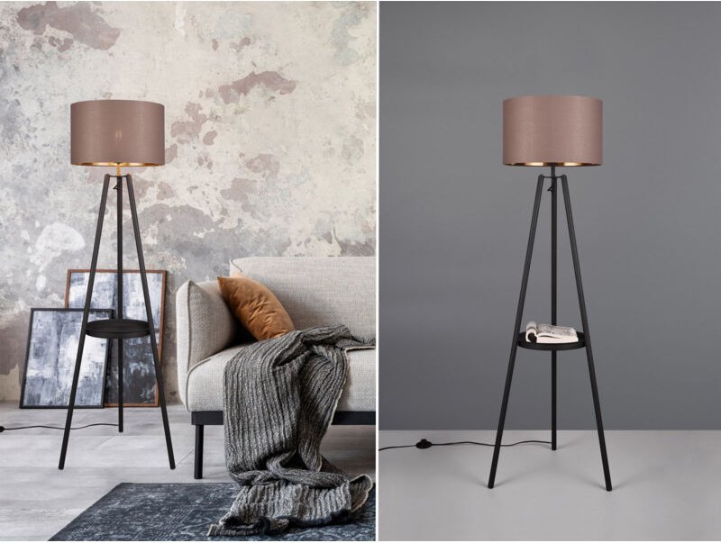 Trio - Tripod Stehleuchte colette mit Stoffschirm in Taupe/Gold & Ablagetisch, h: 152cm