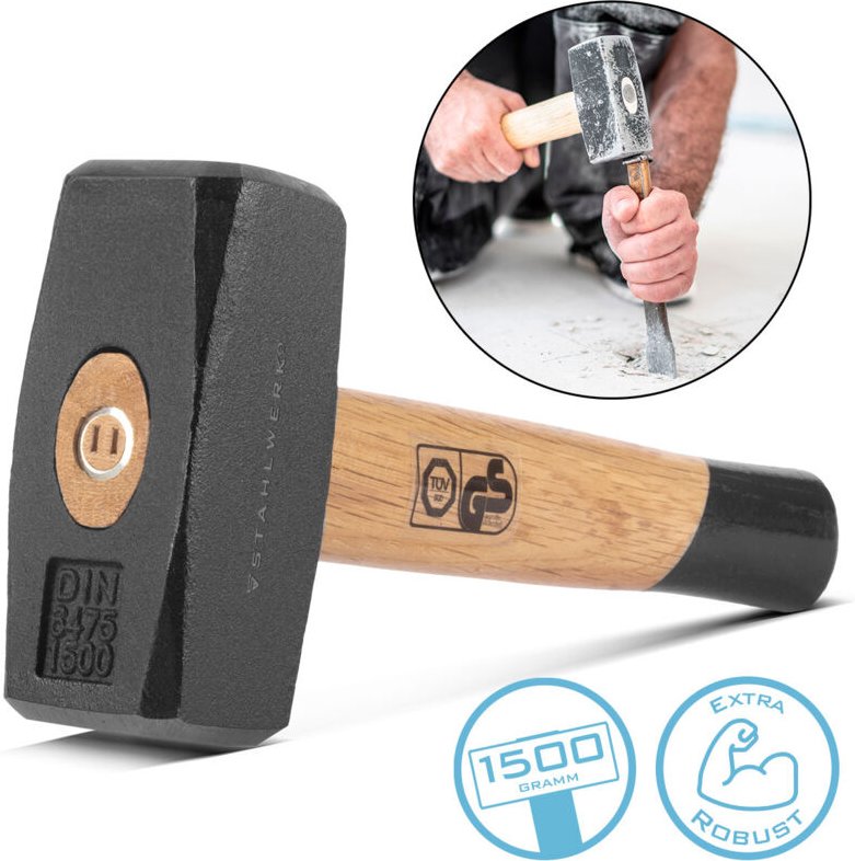 STAHLWERK Fäustel 1500g Plattenhammer aus Carbon-Stahl Holzstiel Vorschlaghammer