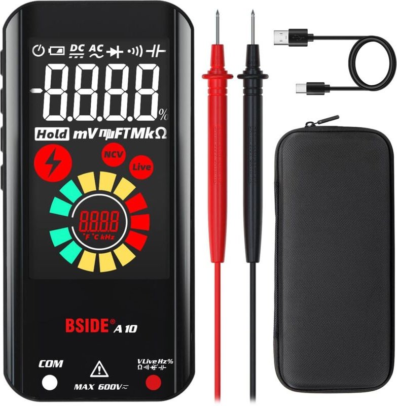 A10 Mini-Digitalmultimeter, wiederaufladbar, großes Farb-LCD, 6000 Zählwerte, automatischer Bereichswahl, Spannungsteste...