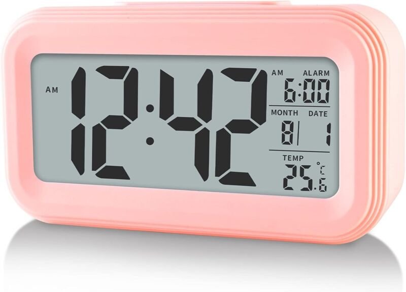 Digitaler Wecker mit Raumtemperatur, batteriebetrieben, Schlummermodus (Pink)