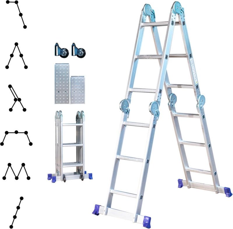 Klappleiter STAVALANCE 4x3 Sprossen, multifunktional, Wandabstandshalter, Stehleiter, 2 Platten für Arbeitsplattform, Ho...