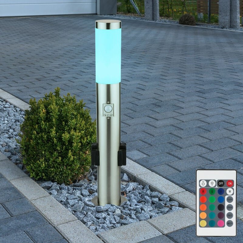 Stehleuchte Steckdosen Sockelleuchte mit Bewegungsmelder Außenleuchte Edelstahl, Fernbedienung dimmbar, 1x rgb led 8,5W ...