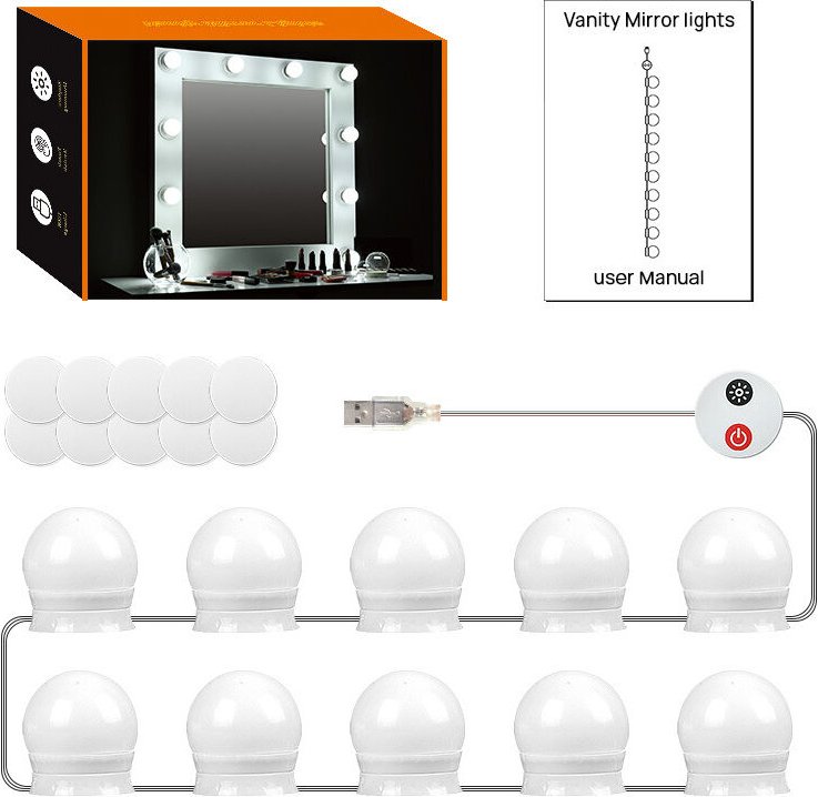 Schminkspiegelleuchte, 10 LED-Birnen, Hollywood-Spiegelleuchte, LED-Set für Kosmetikspiegel, 3 Farben und 9 Stufen, dimm...
