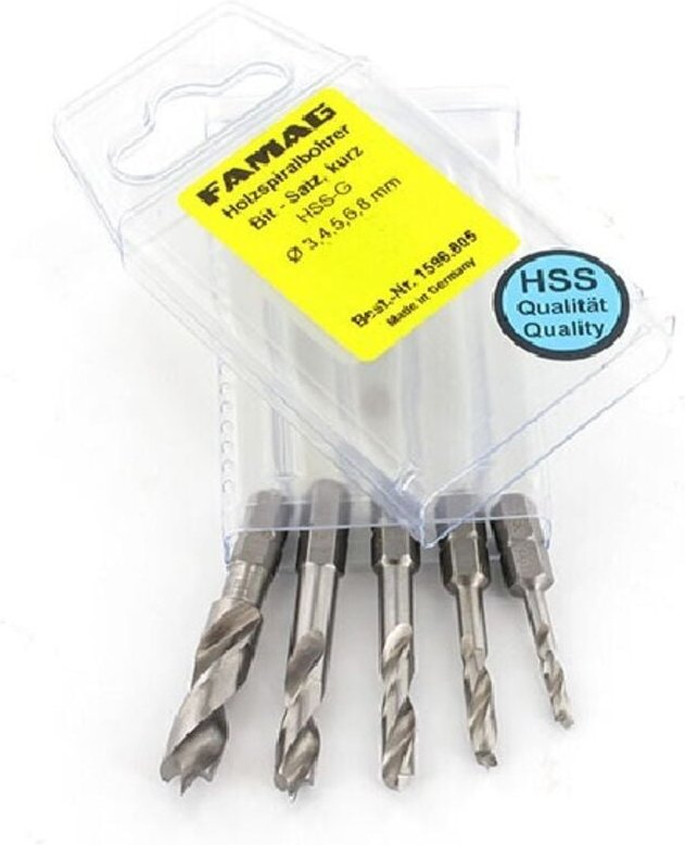 Holzspiralbohrer-Bit-Set hss-g 5-tlg. 1596.805.00 im Blister 3 4 5 6 8 mm - Famag