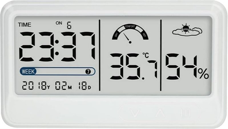 Digitales Hygrometer, elektronisches Temperatur- und Luftfeuchtigkeitsmessgerät mit LCD-Zeit- und Datumsanzeige, Innenth...