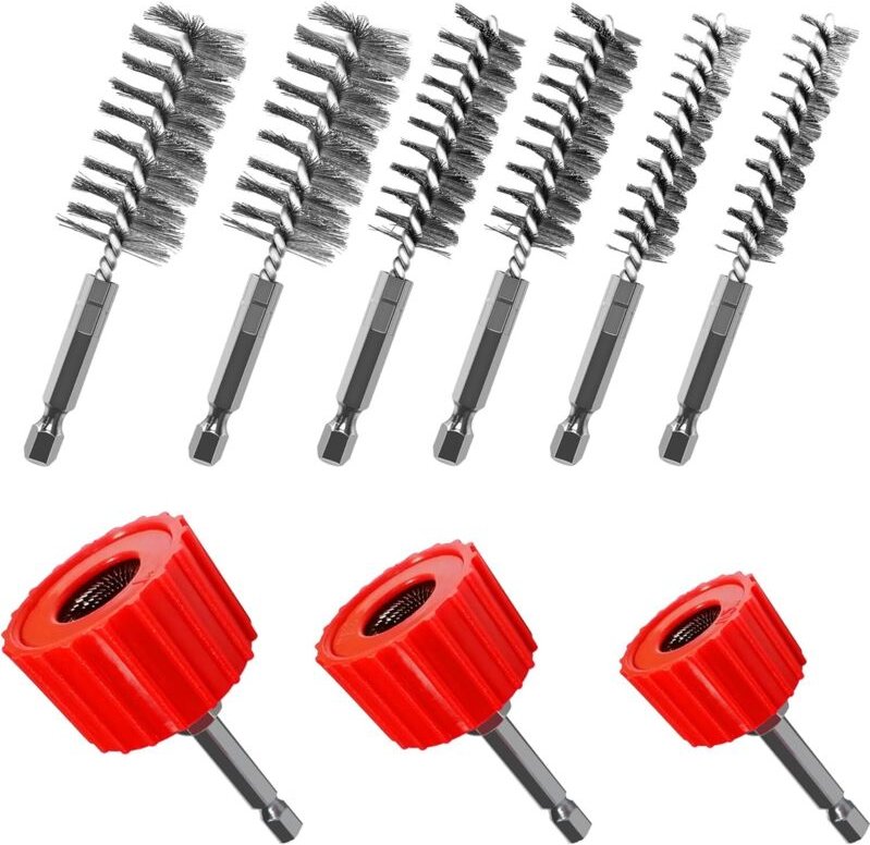 Kupferrohrreiniger-Set zum Bohren, inklusive 3 Rohrreinigungsbürsten (1/2", 3/4", 1") und 6 Edelstahl-Drahtbürsten für B...