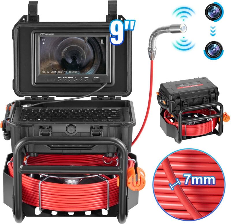 Kanalkamera, 50 m, selbstnivellierende Rohrkamera mit 512-Hz-Sender, Entfernungszähler, 9-Zoll-Bildschirm, 1080P HD-Rohr...