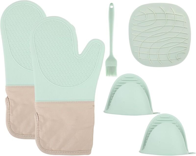 Set mit 6 mintgrünen Silikon-Ofenhandschuhen, hitzebeständig, verbrühungssicher, zum Kochen/Backen/Grillen