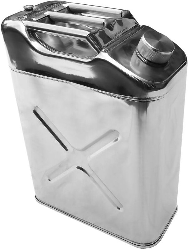 Kanister 20 Liter aus poliertem Edelstahl. Kraftstoff, Benzin, Diesel, Öl, Wasser. Standardmuster.