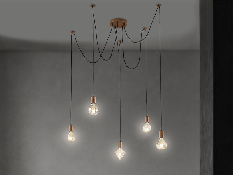Trio - Minimal cord Spinnenlampe mit Baldachin in Kupfer antik und fünf E27 Fassungen