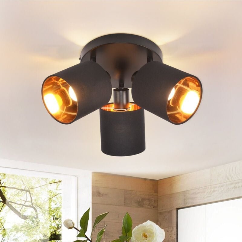 Deckenleuchte 3 Flammig Deckenstrahler Schwarz - Deckenlampe Vintage Deckenspot E14 Schwenkbar 350° MAX.25W Stoffschrim ...