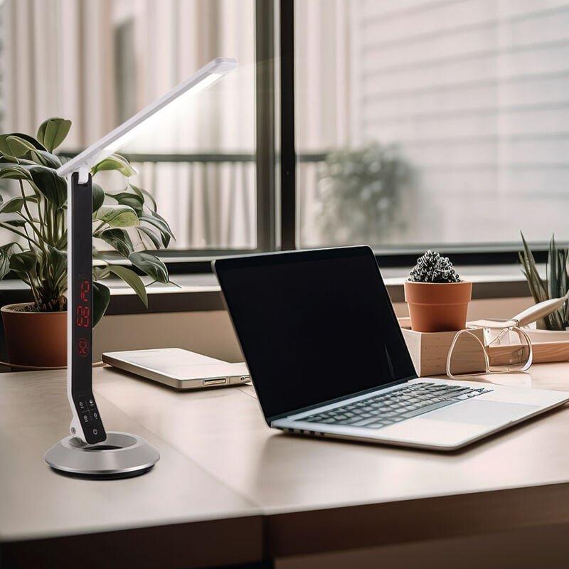 Tischleuchte Tischlampe led Büroleuchte Arbeitslampe Schlafzimmerleuchte Silber alu Uhr Touchdimmer h 75 cm