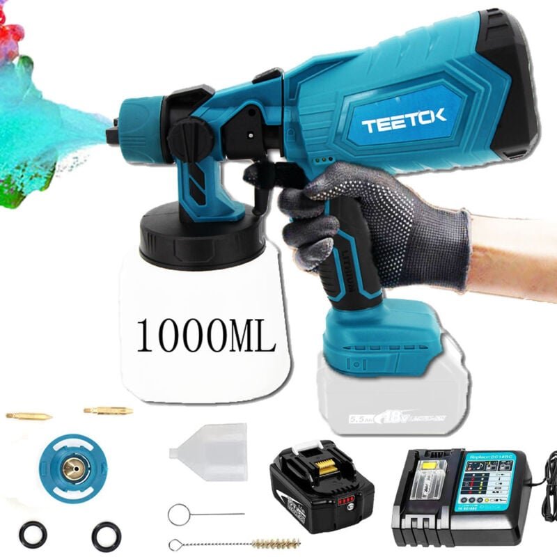 Akku Farbsprühsystem Set Elektrische Farbspritzpistole Farbspritzgerät Lackierpistole 1000ml +5.5A Akku+DC18RC Ladegerät...