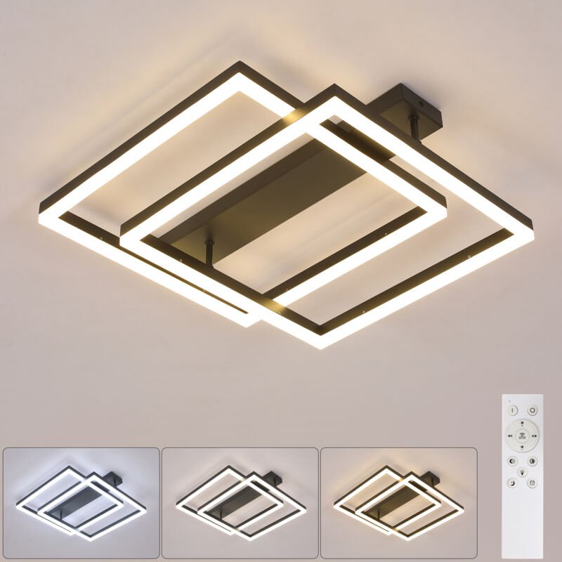 GOECO Quadratische LED-Deckenleuchte aus Acryl, Schwarz, 50 x 48 cm, 42 W, dimmbar 3000–6500 K (Warmweiß bis Kaltweiß), ...