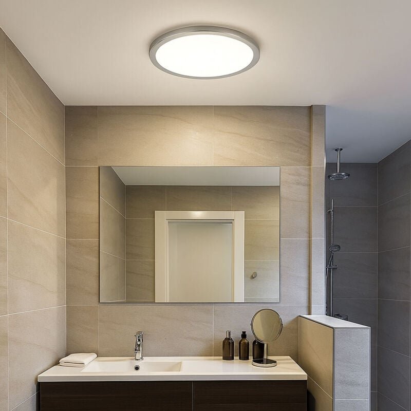 Deckenleuchte dimmbar Backlight Badezimmerleuchte Deckenlampe silber Badezimmer, IP44, Memory, led 18W 1600Lm warmweiß, ...