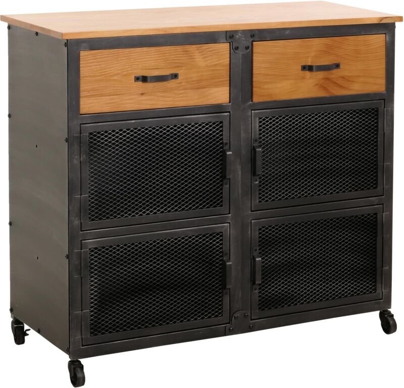 Werkstattwagen HHG 081, Rollwagen, Rollen 2 Schubladen, 3D-Struktur Metall Holz 90x100x40cm schwarz, natur