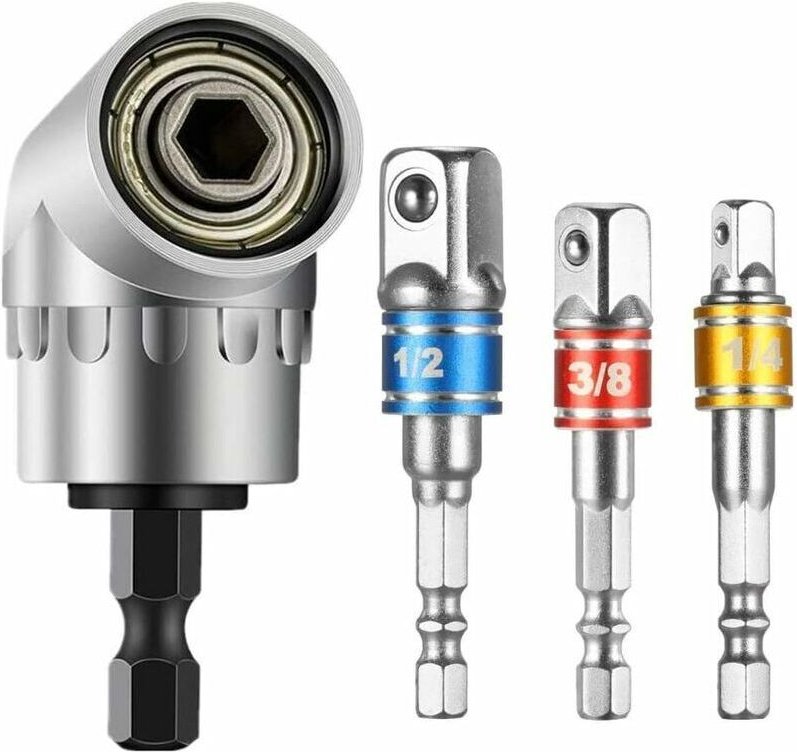 1 punta da trapano ad angolo retto e 3 adattatori per bussole da 1/2" 3/8" 1/4" Set di accessori per trapano elettrico a...