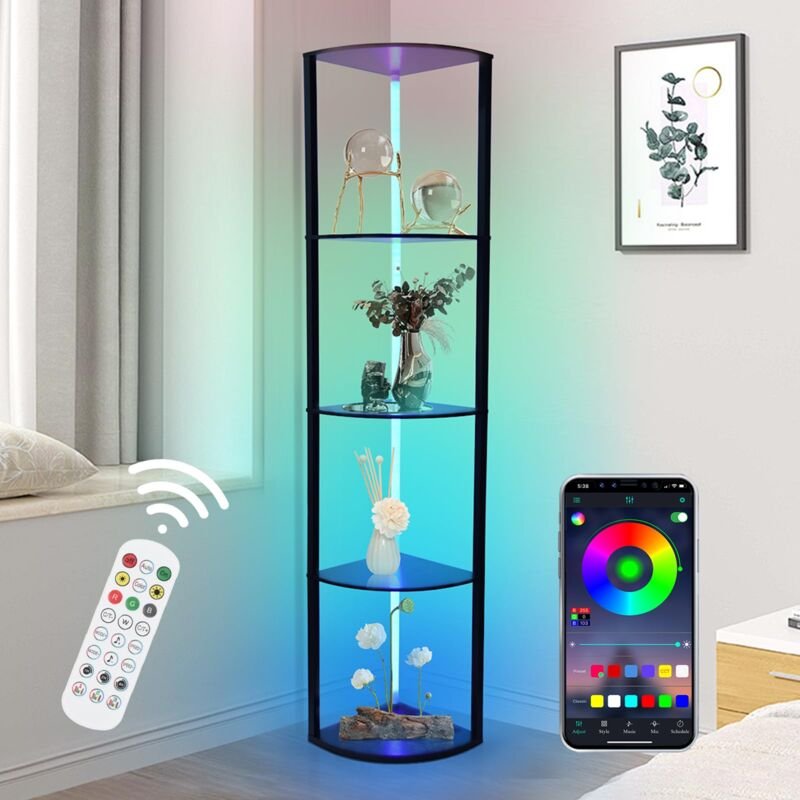 4 Stufige rgb Eckregal Stehend, led Stehlampe Wohnzimmer 160cm, Stehlampe mit Regal aus Holz Über App & Fernbedienung, 6...