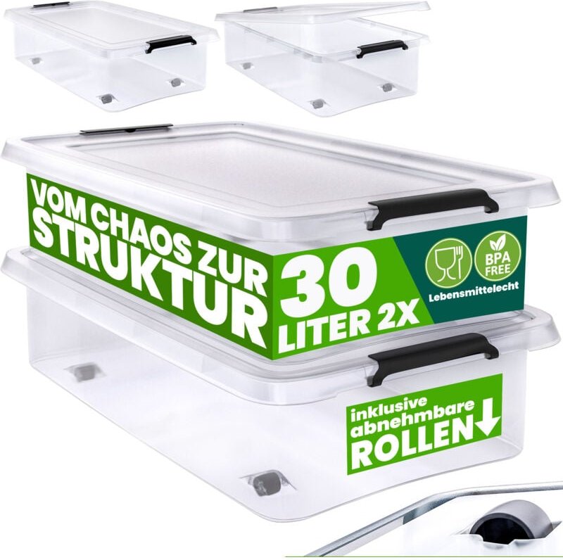 Aufbewahrungsbox transparent Stapelbox Ordnungsbox 30L 60L Deckel aufklappbar stapelbar Rollen bpa frei lebensmittelecht...