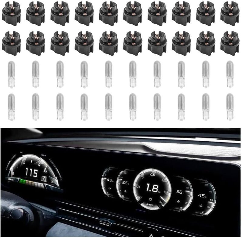 20 Stück T5 17 57 79 86 Halogen-Instrumententafel-Glühbirnen mit 20 Stück Fassungen, 12 V Tachometer-Drehzahlmesser-Inst...