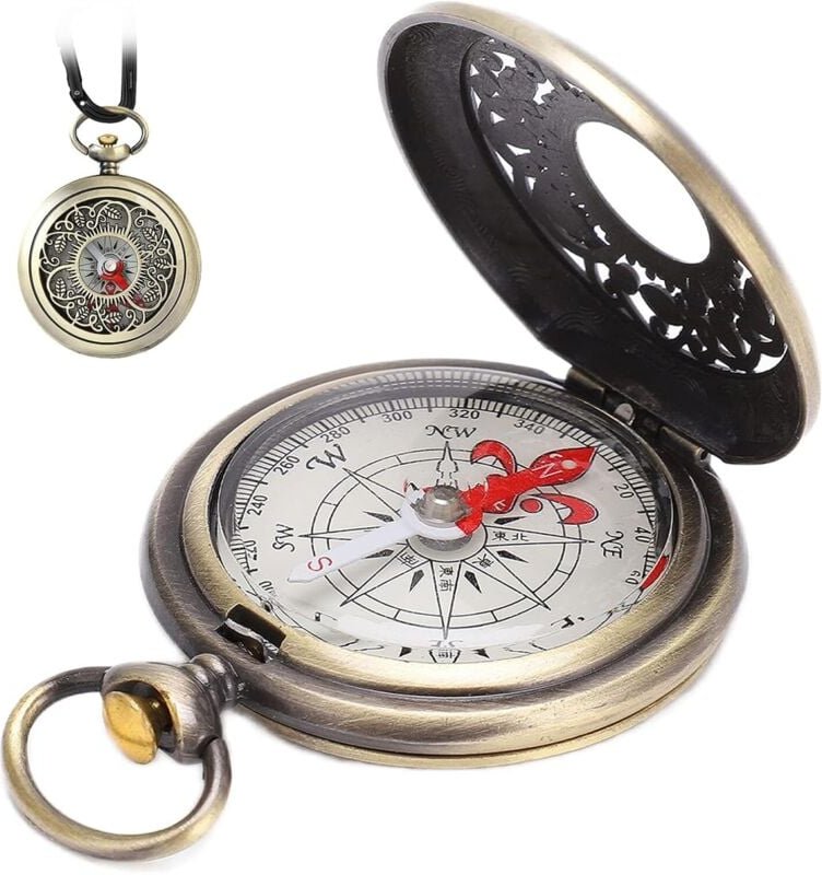 Vintage-Taschenuhr mit Hohlklappe und Kompass in Antik-Kupfer, 5,5 x 4,6 x 1,3 cm