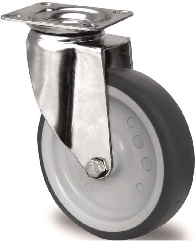 Lenkrolle Rad-Ø 125 mm Tragfähigkeit 100 kg mit Anschraubplatte Plattenbreite 70 mm Gleitlager Edelstahl TPE