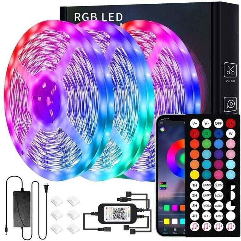 30 m LED-Streifen (15 m x 2), Bluetooth-LED-Streifen 5050 rgb, Steuerung über Smartphone-App und Fernbedienung, Synchron...