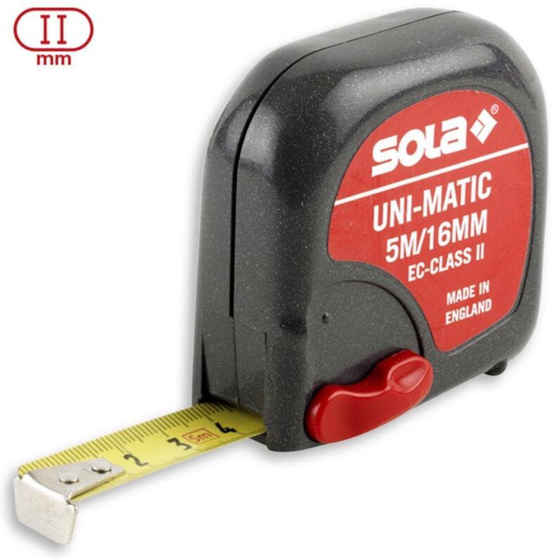 Rollmeter (Bandmaß) Unimatic 5 m mit EG-Prüfzeichen Messband mit Gürtelclip - Sola