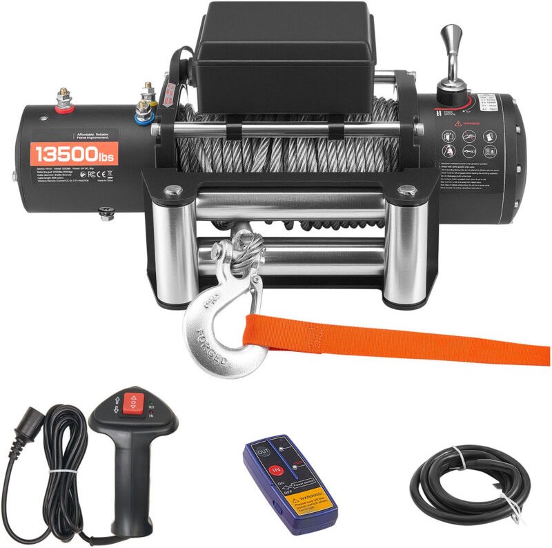 Mophorn Elektrische Seilwinde, 6100 kg Zugkraft, 12 V DC Winde mit 24 m Stahlseil, kabellose und kabelgebundene Fernbedi...