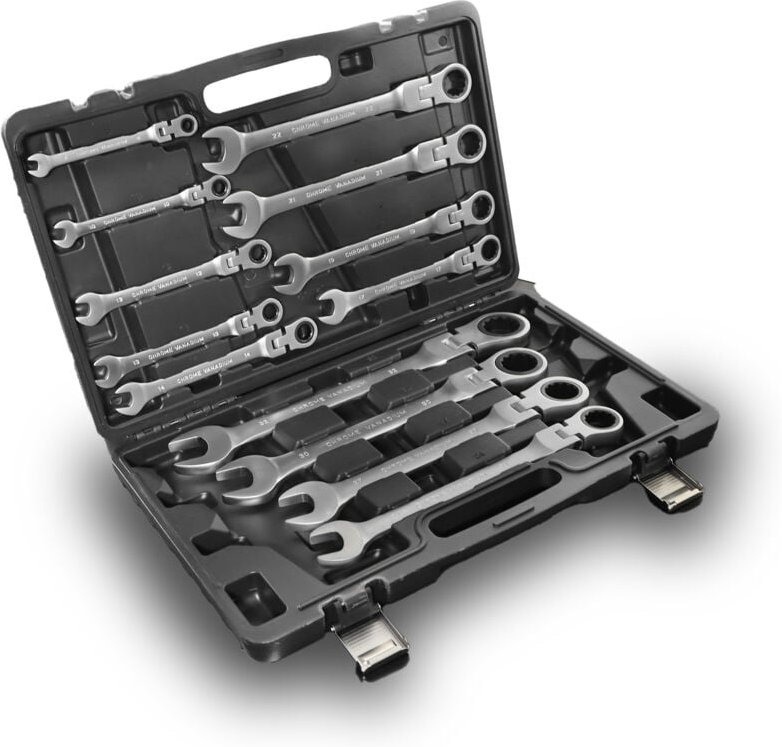 13 tlg. flexibles Ratschenringschlüssel Set Cr-V Stahl Gelenk-Ringmaulschlüssel mit Ratsche 8-32 mm verstellbar inkl. Ko...