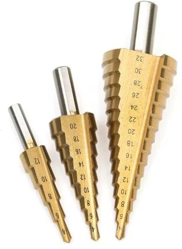 Set mit 3 titanbeschichteten Stufenbohrern aus HSS, ideal zum Bohren von Kunststoff, Holz, Blech und Aluminium. Stufenbo...