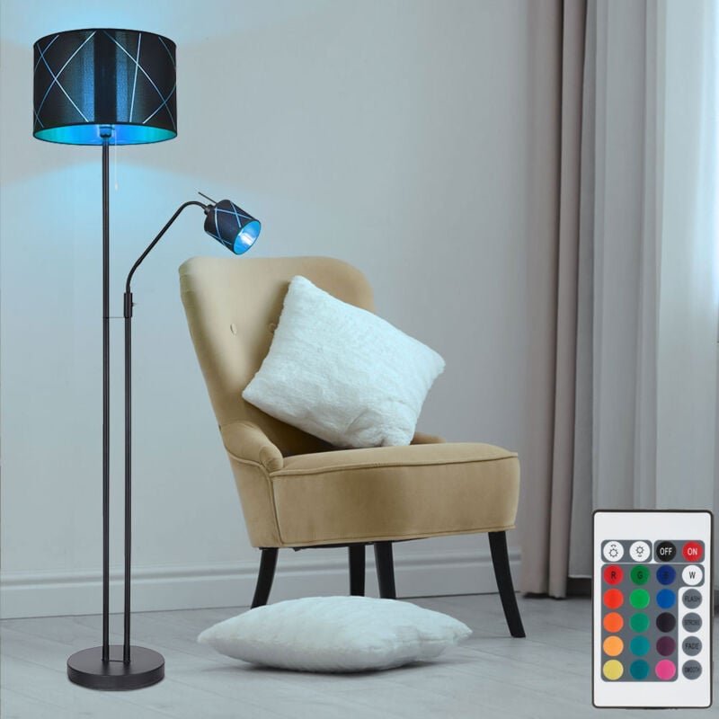 Thumbnail - Led Stehlampe mit Leselampe Deckenfluter dimmbar mit Fernbedienung, rgb Farbwechsel, Metall Textil schwarz gold, Leseleu...