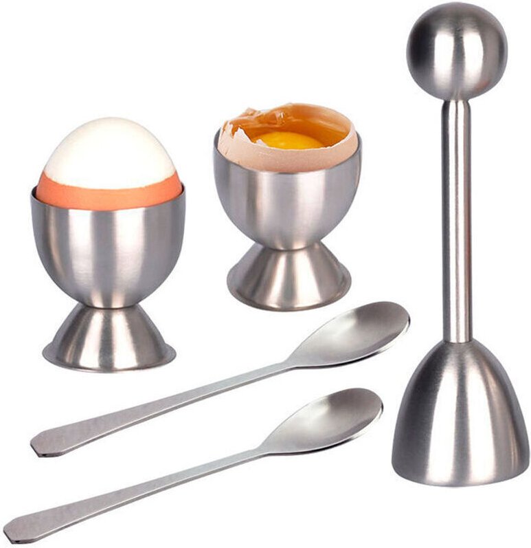 Eierknacker-Set mit Schalenentferner für gekochte Eier, Edelstahl-Eierbecher, 2 Eierbecher, 2 Löffel, 1 Eierschäler