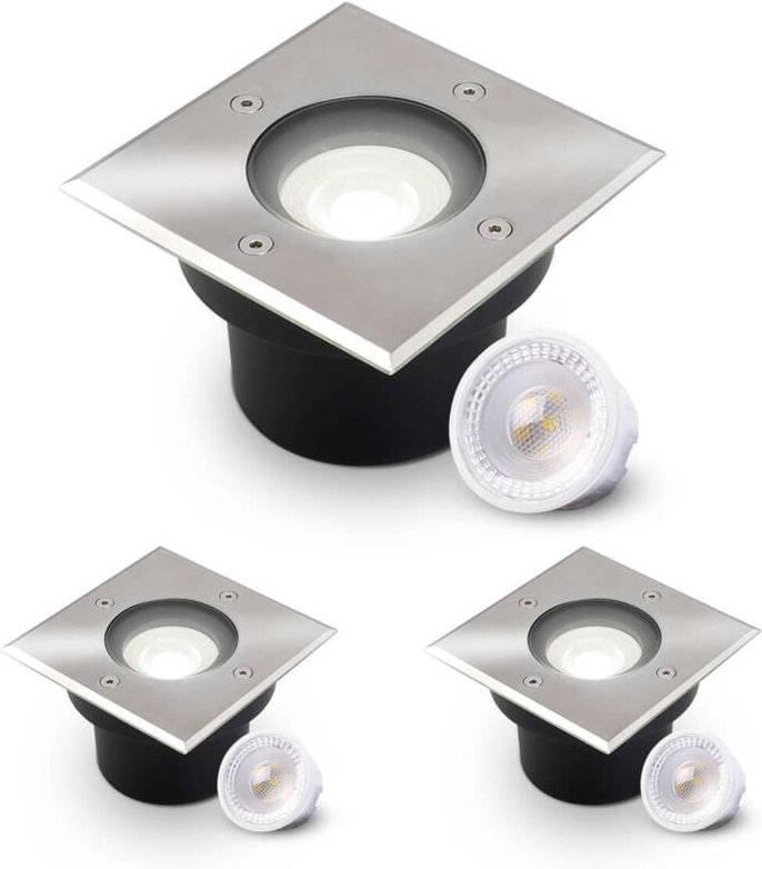 Thumbnail - LED Bodeneinbaustrahler flach eckig Edelstahl 230V IP67 - Leuchtmittel: 5W 4000K DIMMBAR 60° - Anzahl: 3x