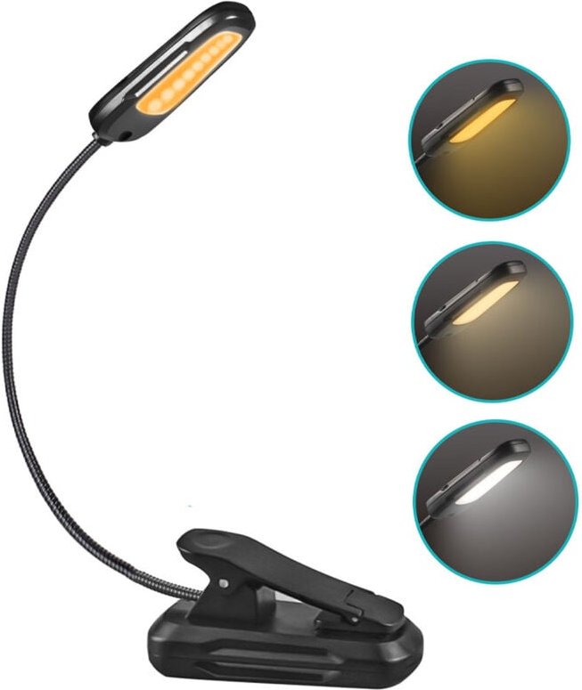 LED-Leselicht, wiederaufladbare USB-Klemmlampe, 9 Helligkeitsmodi und 3 Farbtemperaturen, 360° flexible Halsklemmlampe f...