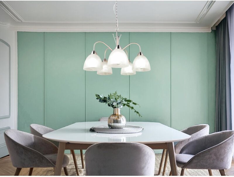 LED Pendelleuchte 5-flammig mit Glas Lampenschirmen Weiß, Ø 55cm