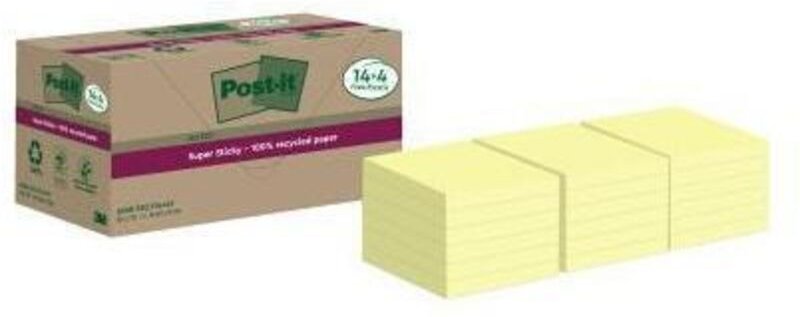 Altro - Haftnotiz ® Super Sticky Recycling Notes 76 x 76 mm (b x h) gelb 70 Bl./Block 18 Block/Pack.