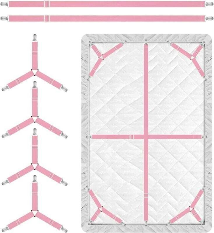 Confezione da 4 cinghie porta lenzuolo rosa, clip per lenzuolo regolabili in 3 direzioni, bretelle, clip elastiche trian...