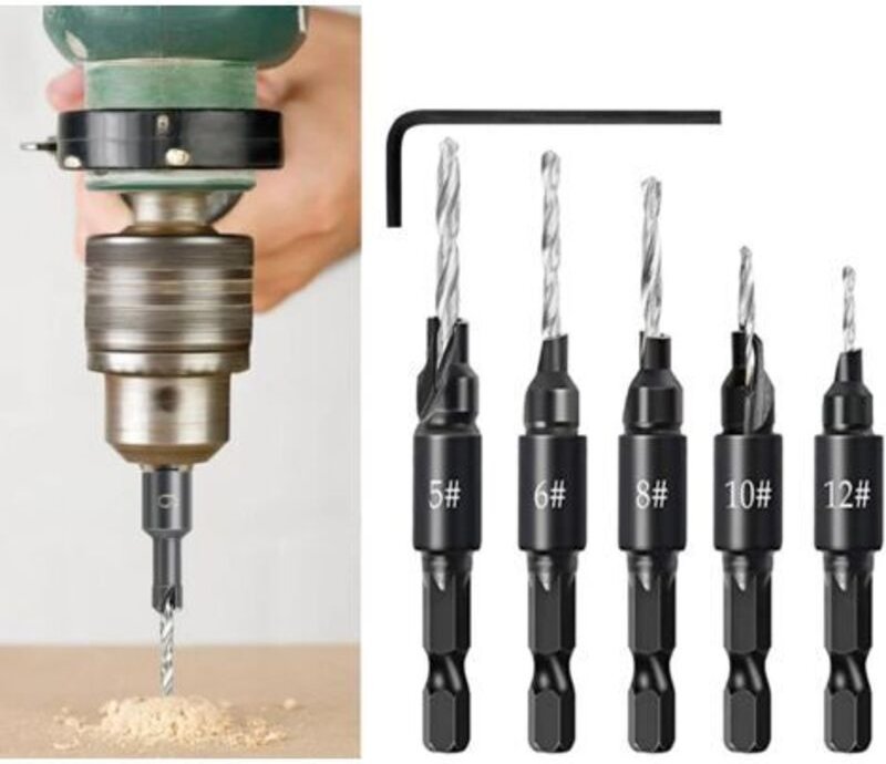 Set mit 5 verstellbaren, konischen Sechskant-Schnellspannbohrern für die Holzbearbeitung inklusive Sechskantschlüssel (G...