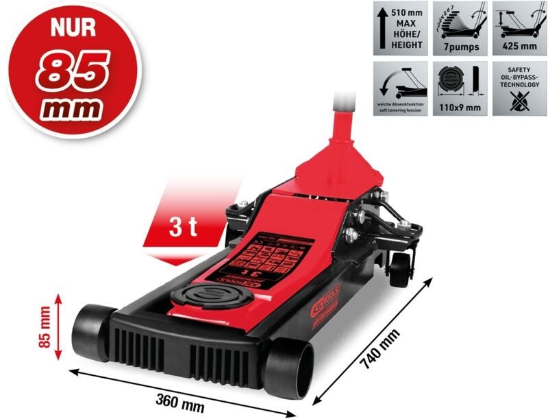 Ks Tools - performance Hydraulischer Stahl-Wagenheber, 3000 kg, flach, Hubhöhe: 85-510 mm