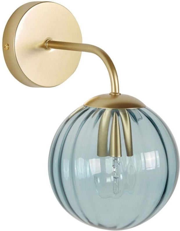 Wandleuchte Gold Metall mit Blauem Glasschirm Kugelförmig 1-Flammig Retro Design Klassisch Wandbeleuchtung Wohnzimmer Sc...