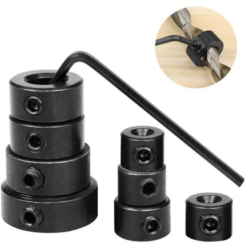 8-teiliger Bohrer-Tiefenstopp 3–16 mm, verstellbare Positionierringe, Bohrstopp mit Sechskantschlüssel für Schraubendreh...