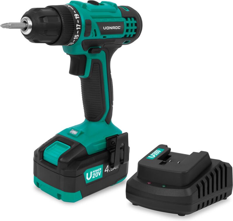 Akku-Bohrschrauber 20V - 19 Drehmomentstufen + Bohrmodus - Inkl. 2 Schraubbits - Inkl. 4.0Ah Akku und Ladegerät - Vonroc