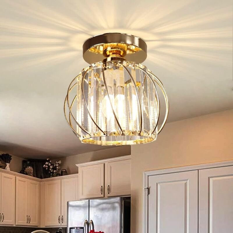 Moderne Deckenleuchte aus Metall E27 Kristall Deckenlampe für Eingang, Schlafzimmer, Eingang, Cafe, Restaurant (Gold)