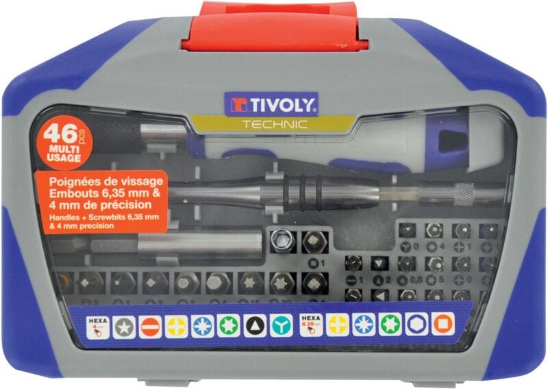Tivoly • Box mit 46 Sechskant-Schraubenbits 6,35 mm und 4 mm + 1 Präzisionsgriff + 1 Verlängerung + 1 Schraubengriff