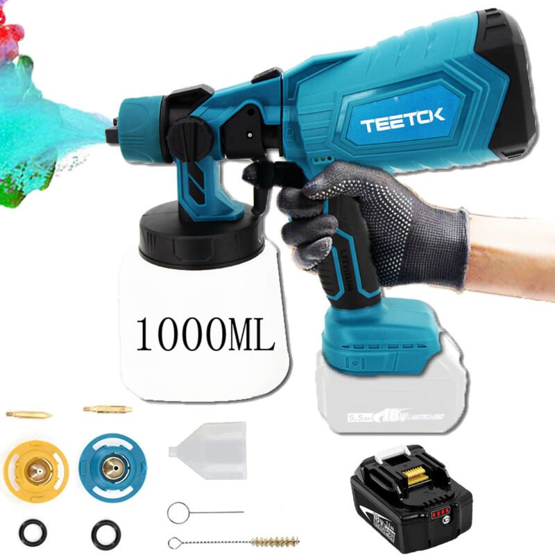 Teetok - Akku Farbsprühsystem Set Elektrische Farbspritzpistole Farbspritzgerät Lackierpistole 1000ml 18V lxt + 5.5A Akk...