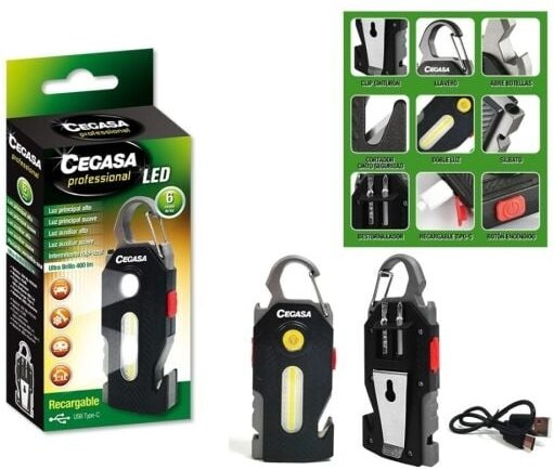 Professionelle Survival-Taschenlampe cob+1 led bis zu 400lm -- bis zu 1,5h - Akku 300mah usb-c -- Farbe schwarz - Cegasa